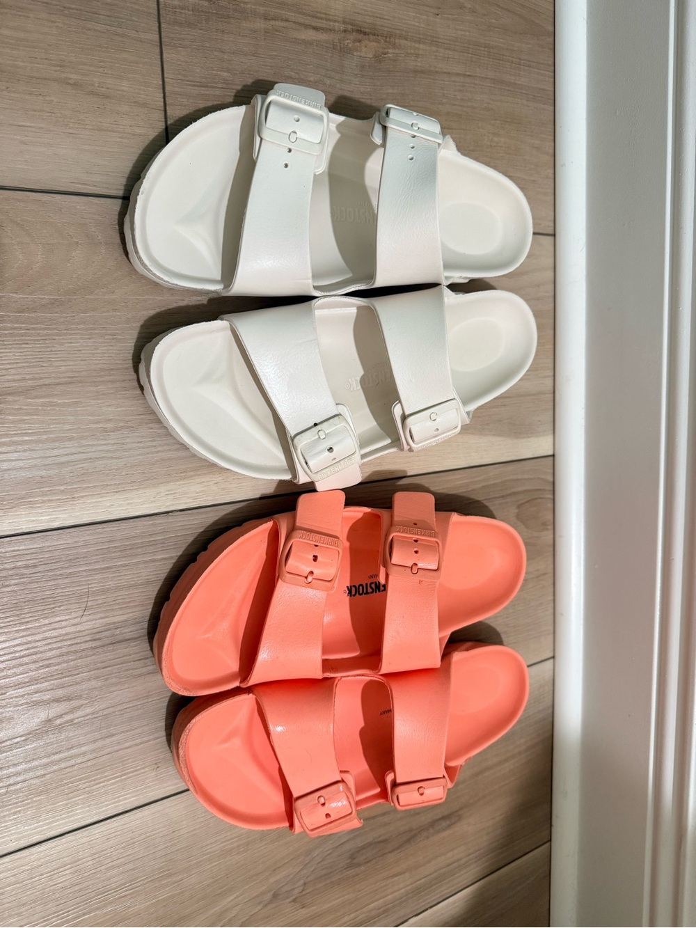 Birkenstock Double Strap Slide Sandals in White and Coral
